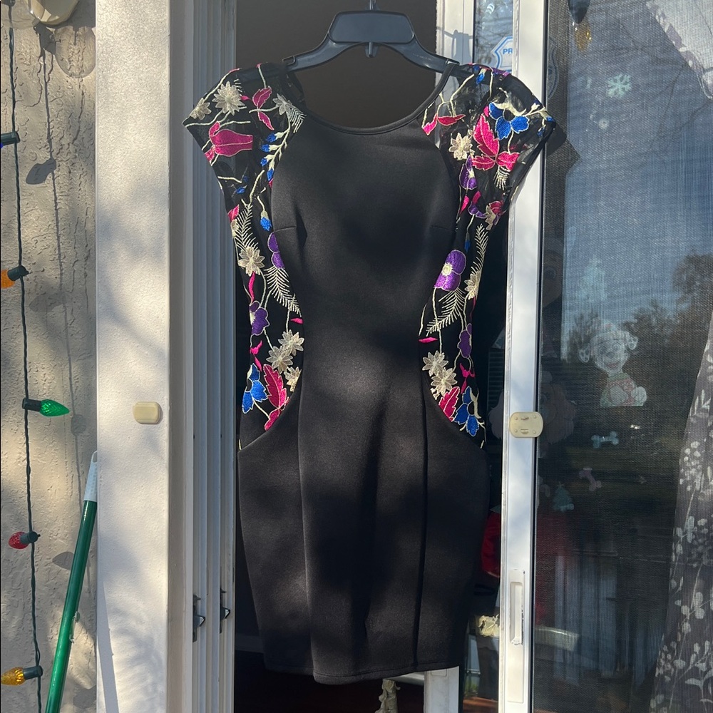 I.N. San Francisco Black Dress with Colorful Floral Accents